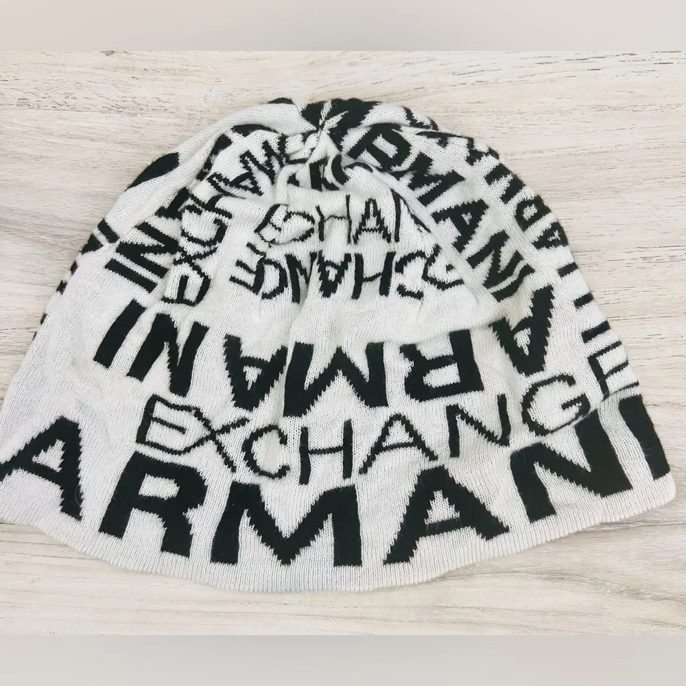 Armani Exchange White and Black Logo Beanie